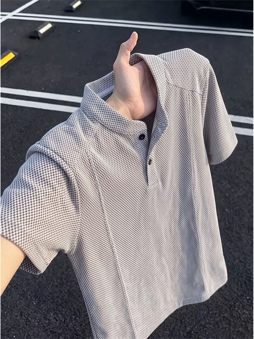 American Style Ice Silk T-Shirt Breathable Short Sleeve Henry Collar Summer Dragon Scale Pattern Retro Trendy Design Half Sleeve