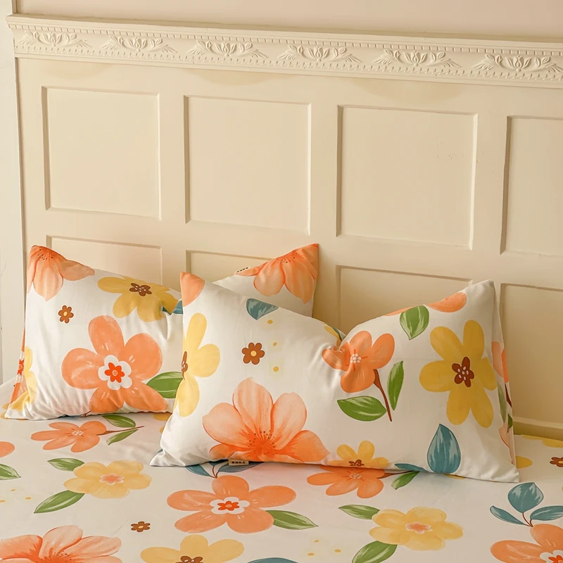 [Only Pillowcase 48Cm*74Cm 2 Pcs] 100% Cotton Simple Thickened Floral Printing Pillow Case Cover Bedroom