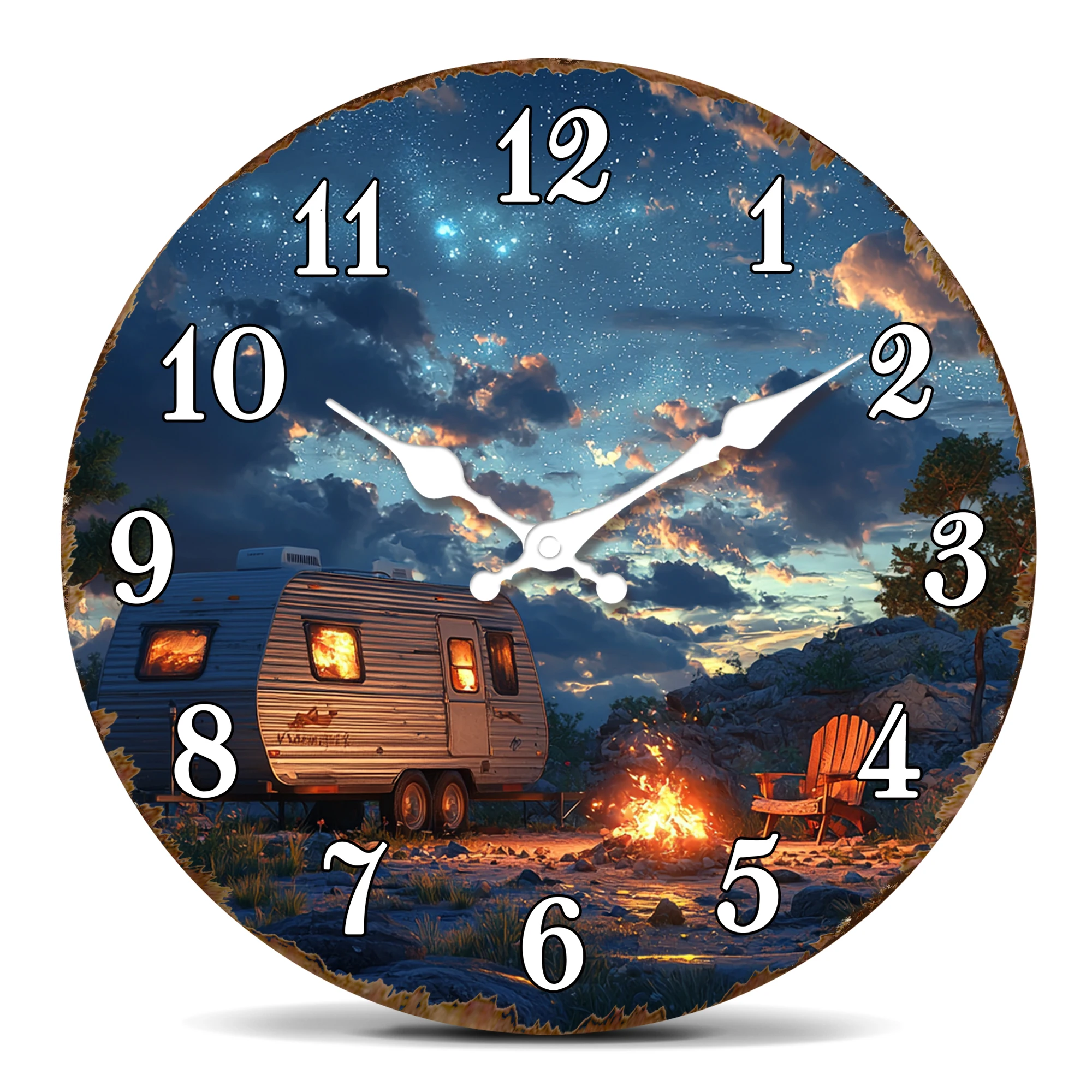 Starry Night Camper Round Wall Clock, Vintage Caravan with Campfire Design, Perfect Outdoor Enthusiast Decor