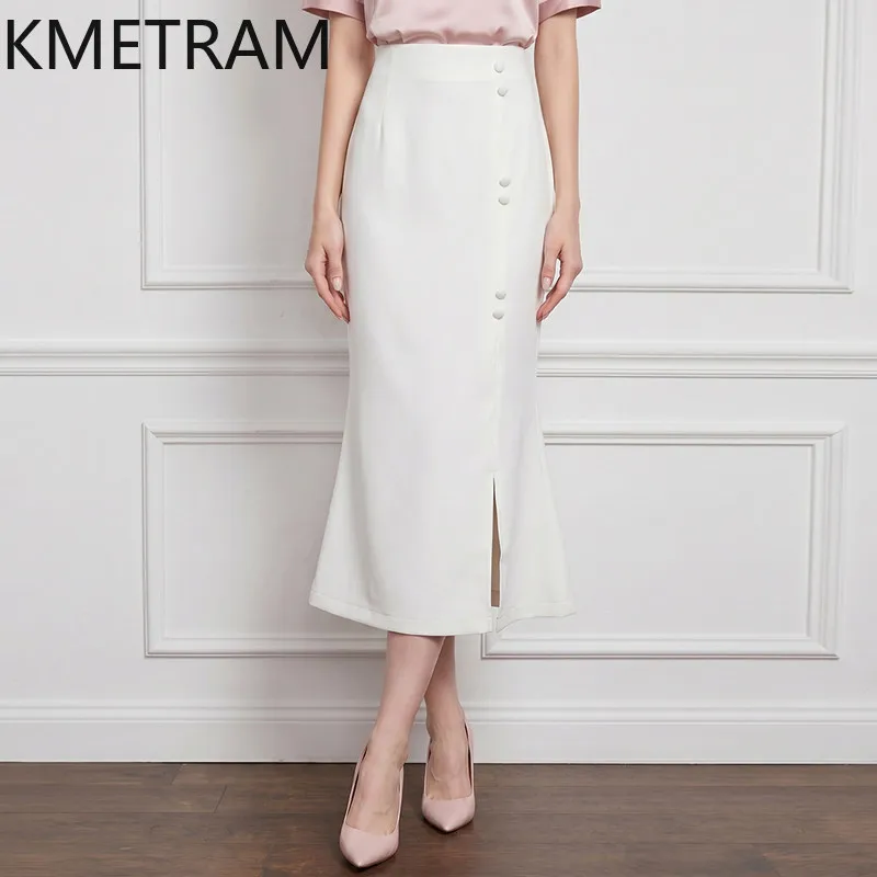 KMETRAM Elegant Mermaid Skirts for Women Pink White Side Split Office Bodycon Skirt Summer Midi Skirts 2026 Woman Clothing falda