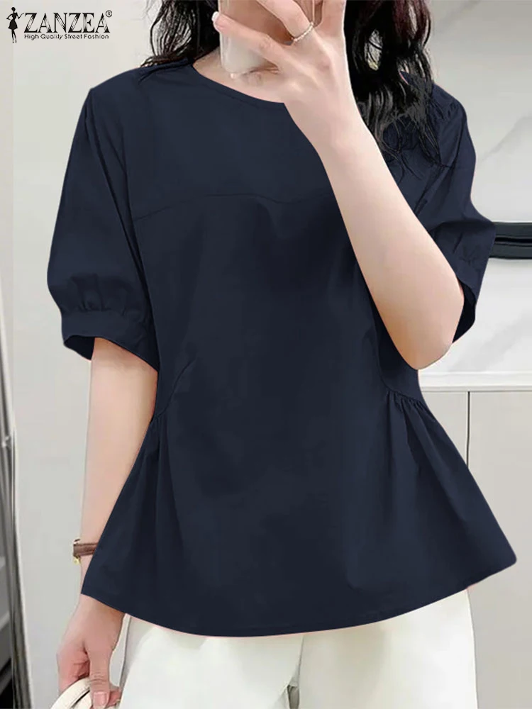 

ZANZEA Day Wear Casual Tops Fashion Woman 2025 Summer Gathering Detail Blouses Solid Color O-Neck Half Puff Sleeve Blusas Mujer