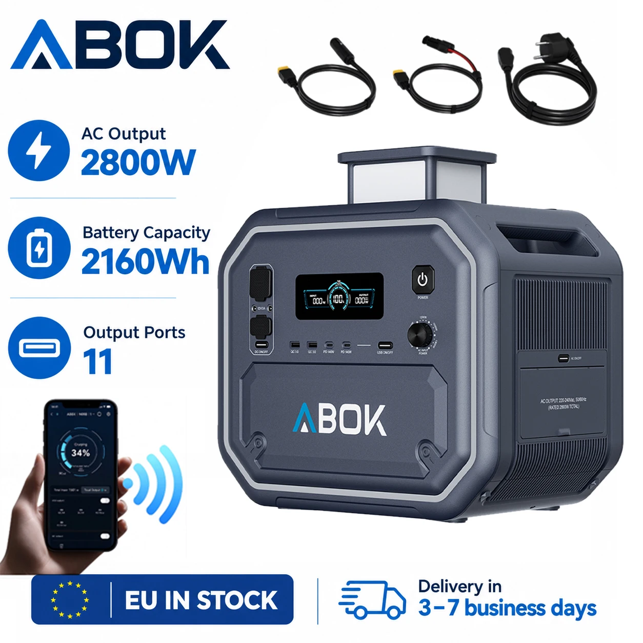 ABOK Ark2800 – przenośna stacja zasilania o mocy 2800 W, generator energii słonecznej, bateria LiFePO4 o pojemności 2160 Wh – do zasilania domu, w sytuacjach awaryjnych, podczas biwakowania i innych