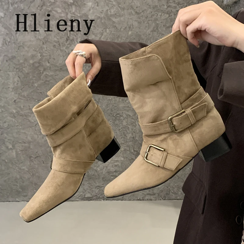 

Hlieny/2020 зимние новые дизайнерские ботильоны с пряжкой на ремне, женская модная женская обувь на толстом низком каблуке с квадратным носком для банкета и вечеринки