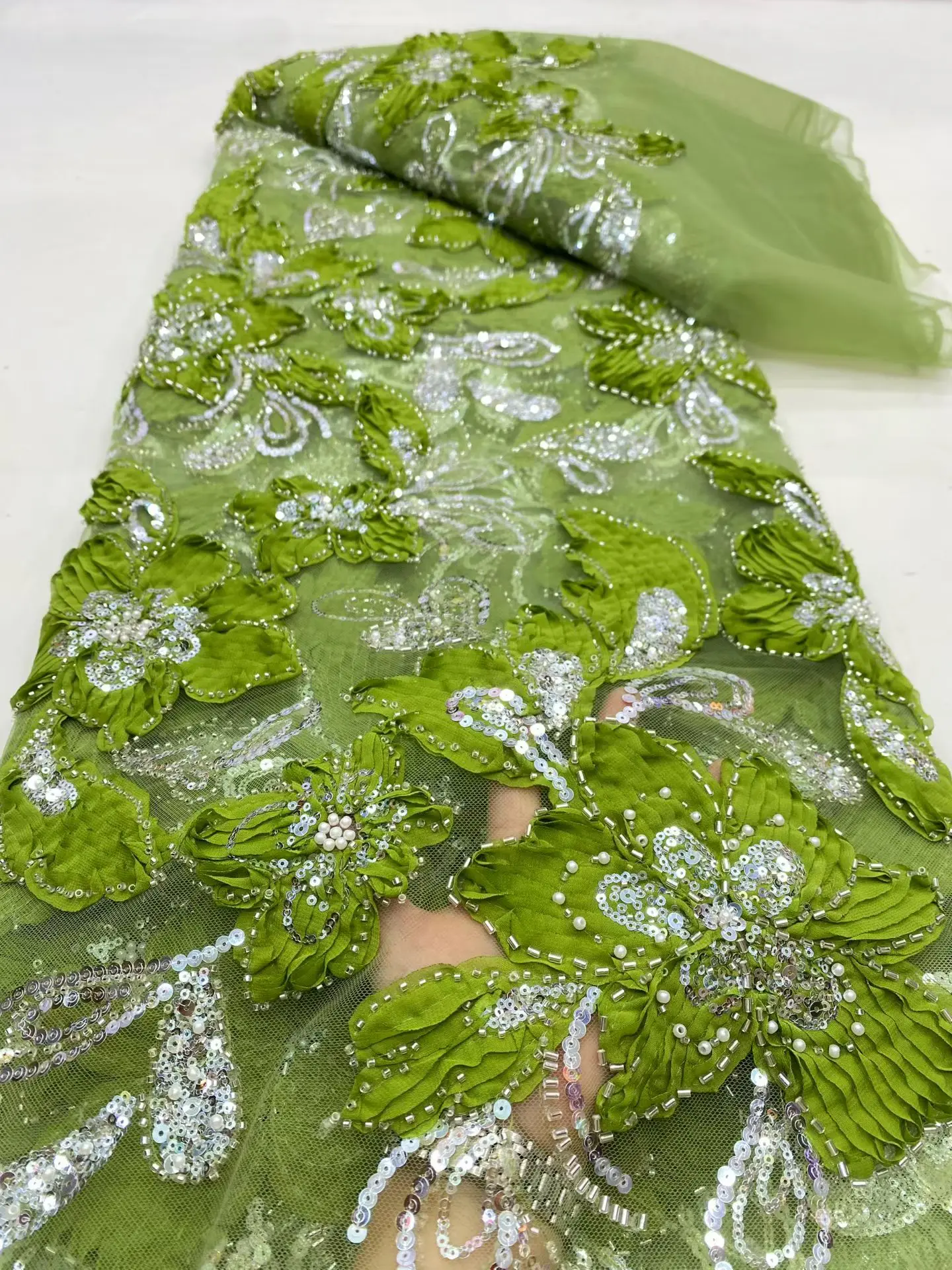 

African & French Lace Fabric Per Meter,5Yard Green Mesh Tulle Fabrics With Sequin & Beaded, Suitable For Wedding Dresses Design