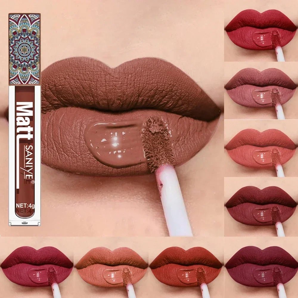 Impermeável Matte Nude Lip Gloss, vermelho escuro, duradouro, batom líquido de veludo, maquiagem feminina, esmalte, pigmento marrom, 1pc