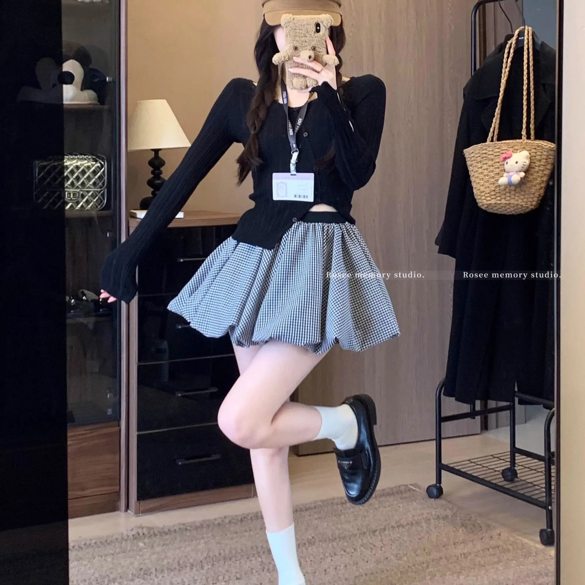 High Waist Plaid A-Line Skort for Petite Women, Puffy Bubble Mini Skirt with Lining, Slimming Summer Skirt 2026