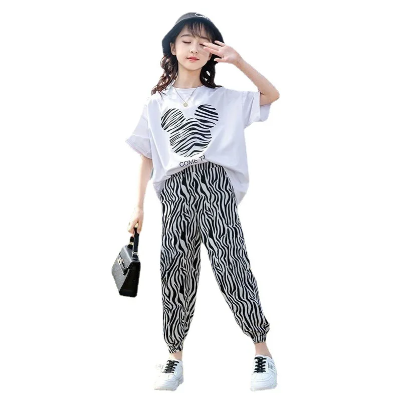 2024 summer Kids street Child Girls Clothes short striped loose T-Shirt + Zebra grain ankle-tie Pants Teens 5 6 8 10 11 12 year