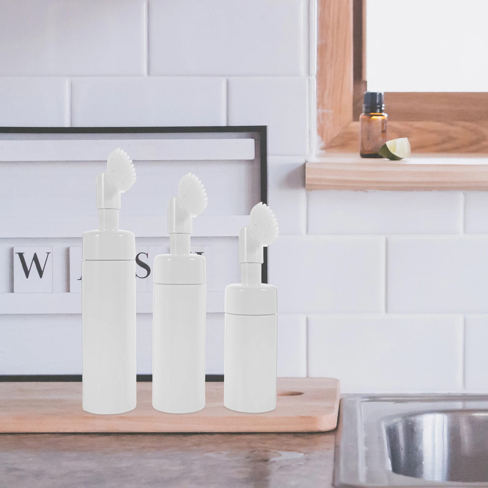 

3Pcs Foam Bottle Set Portable Foaming Pump Bottles Facial Shampoo Cleanser Dispenser with Silicone Brush Travel Size Refillable