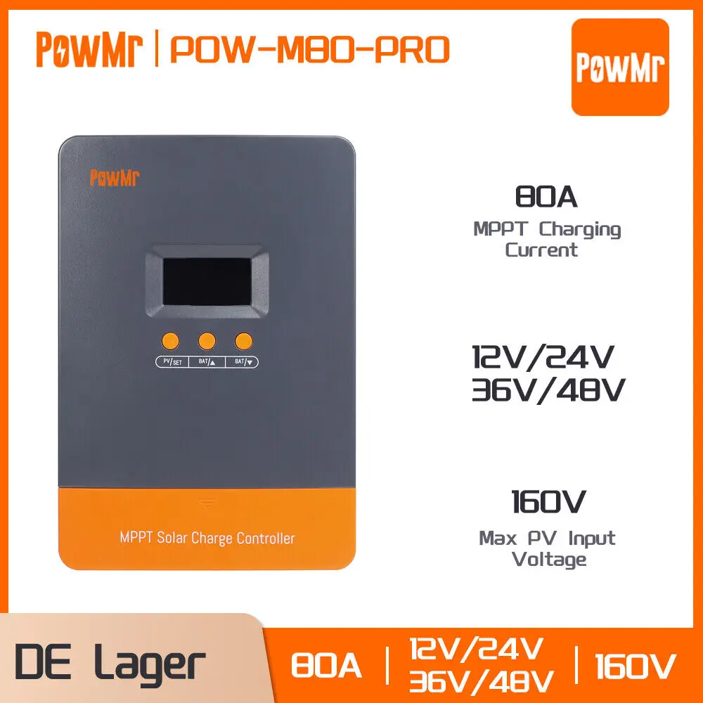 

PowMr 80A Контроллер заряда солнечной батареи MPPT Контроллер зарядки PV Auto MAX 160 В постоянного тока ЖК-регулятор 12 В 24 В 36 В 48 В литиевая батарея