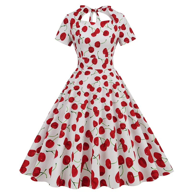 Women Vintage Cherry Dress Retro Rockabilly Cotton Cocktail Tea Party 1950s Swing Dress Summer Dress Short Sleeves