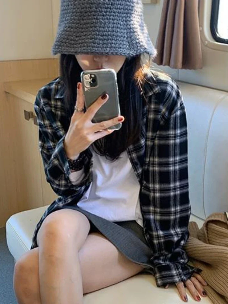 

Shirts Women Plaid Students Basic Casual Daily Loose Simple All-match Long Sleece Unisex Tops Spring Korean Style Designer Chic