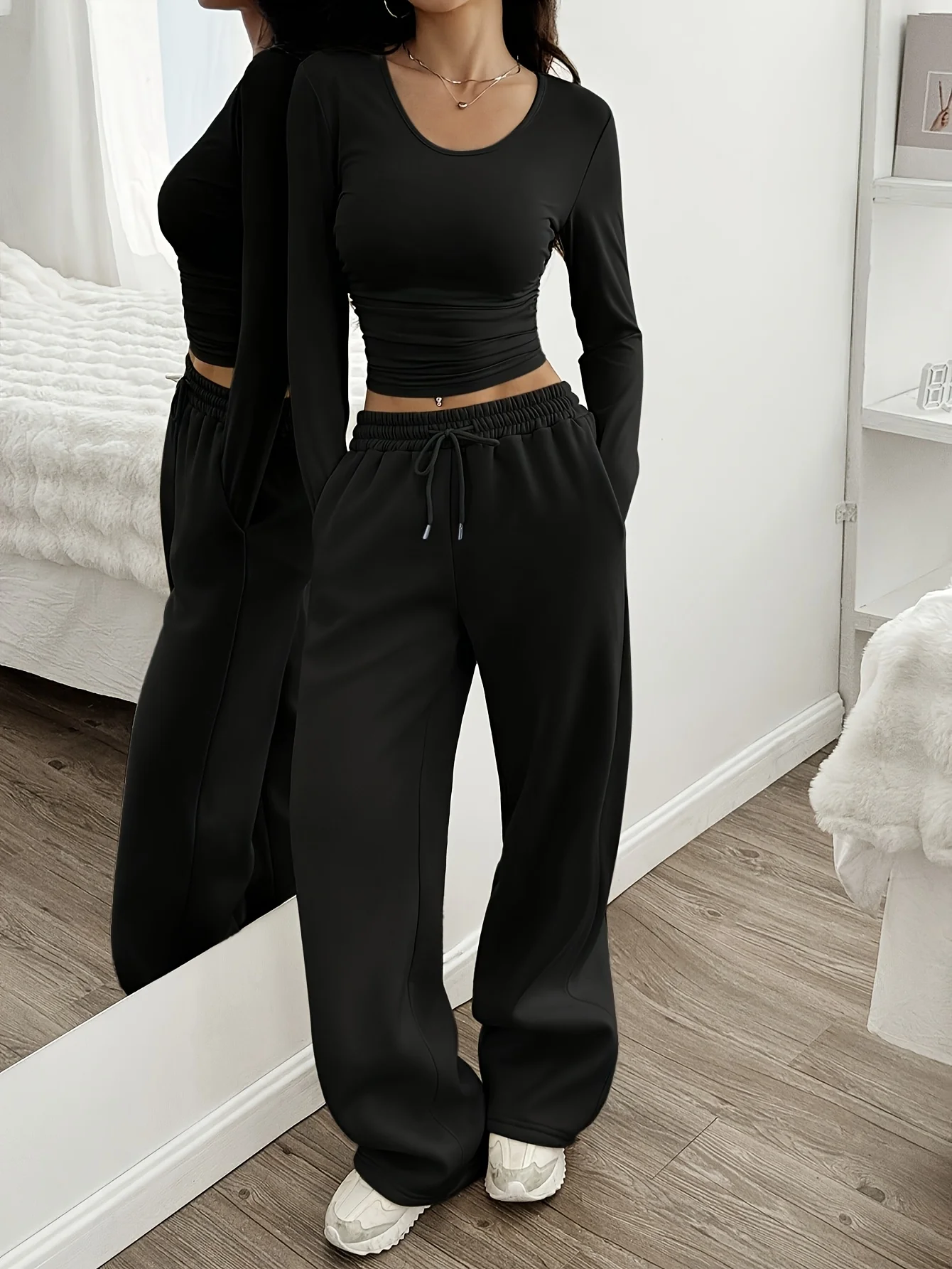 Ladies' Elastic and Elastic Ankle Pants - Wide Leg Casual Sports Pants, Solid Color Comfortable, Suitable for All Seasons