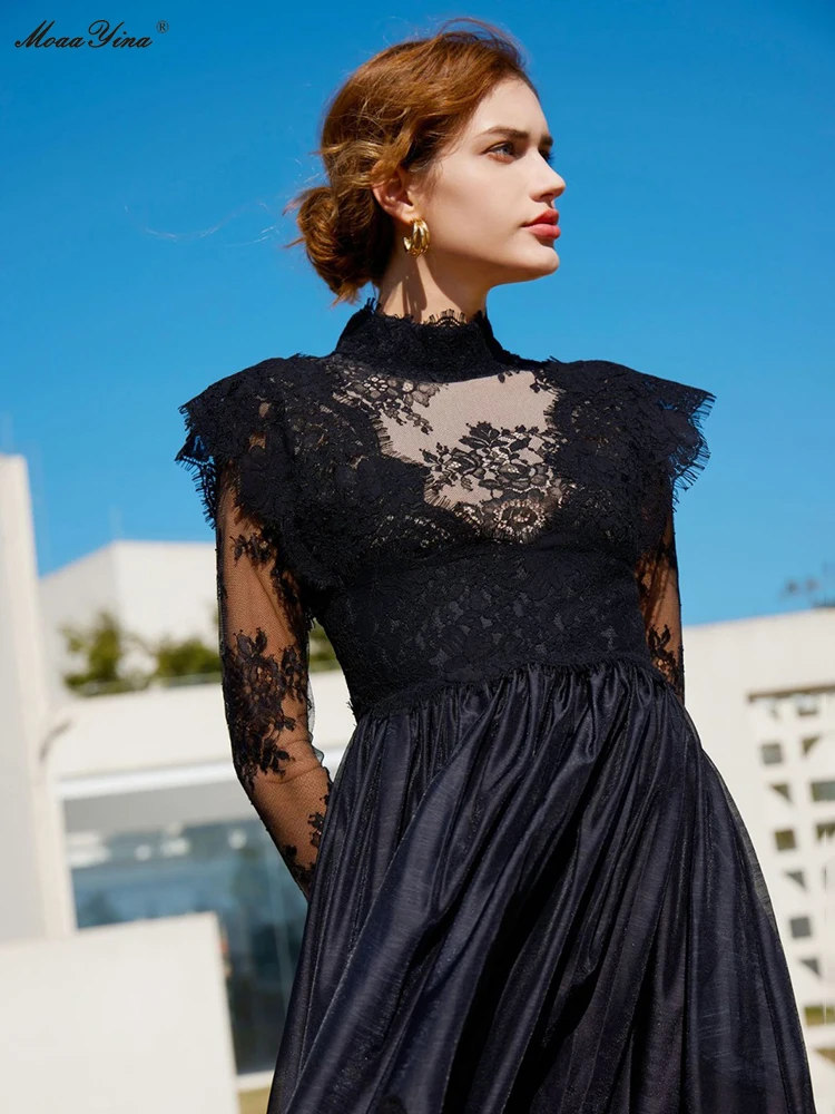 Moretenues Yina-Robe longue en polyester pour femme, col mi-haut, imprimé floral, créateur de mode, dame de bureau, automne, haute qualité