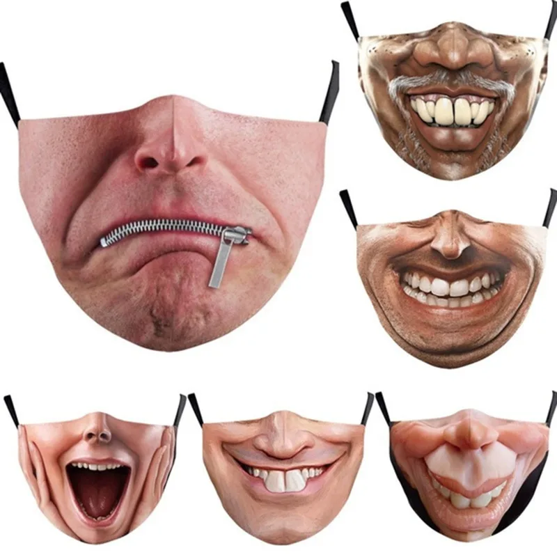 Smile Print Mask With Pocket Unisex Funny 3d Masks For Women Adult Face Scarf Adult Protec Mouthmask Outdoor Party Cosplay Mask