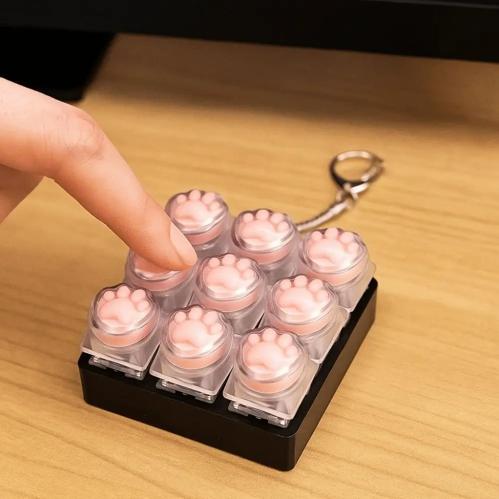 Relaxing 9Keys Fidget Keychain Keys Button DIY Keyboard Finger Keyboard Cap Pass The Time Cat's Paw Shape Clicker Toy Adult Toy