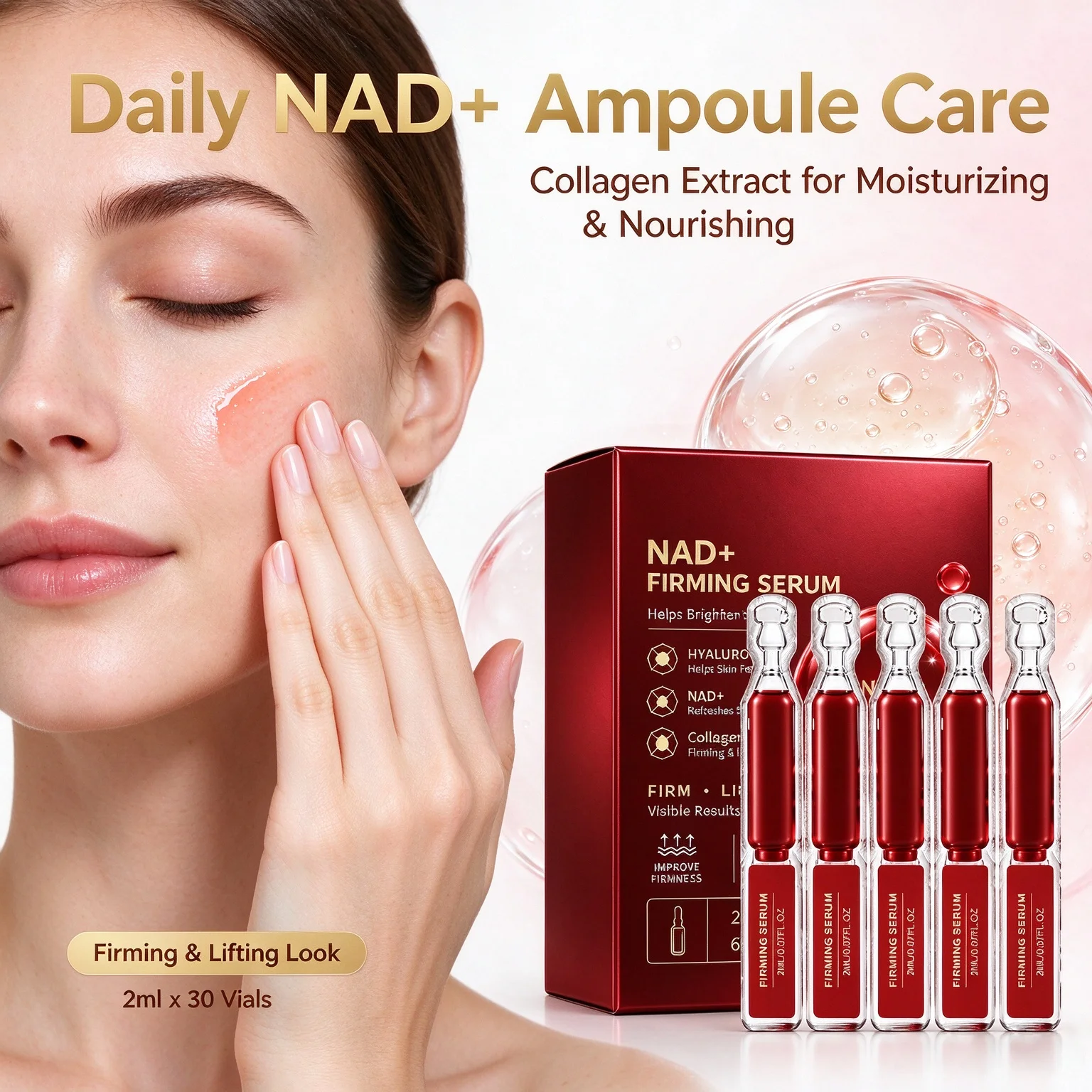 Korean NAD+ EGF Face Ampoule Essence, 30pcs Daily Use, Collagen Extract, Nourishing Hydrating, Lifting Brightening Facial Serum