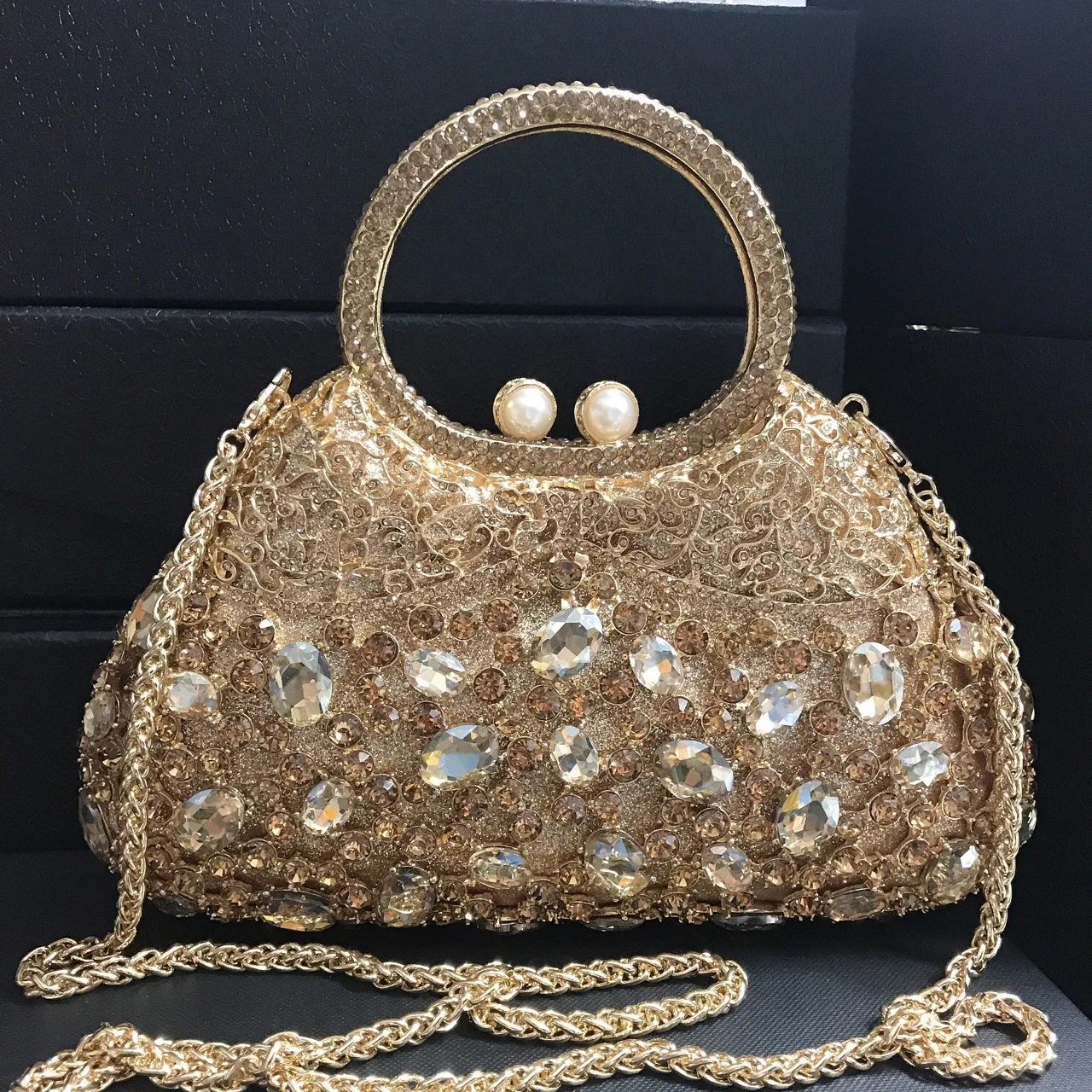 

Gold Color Crystal Handle Clutch Bag Woman Diamond Wedding Bridal Party Evening Purse Elegant Birthday Banquet Handbag