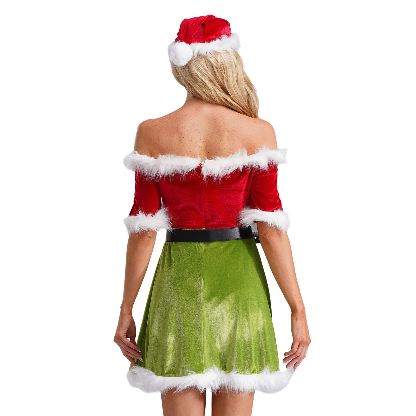 Women Christmas Santa Claus Dress Cold Shoulder Short Sleeve Dress with Belt and Santa Hat Set Fluff Velvet Xmas Cosplay Costume