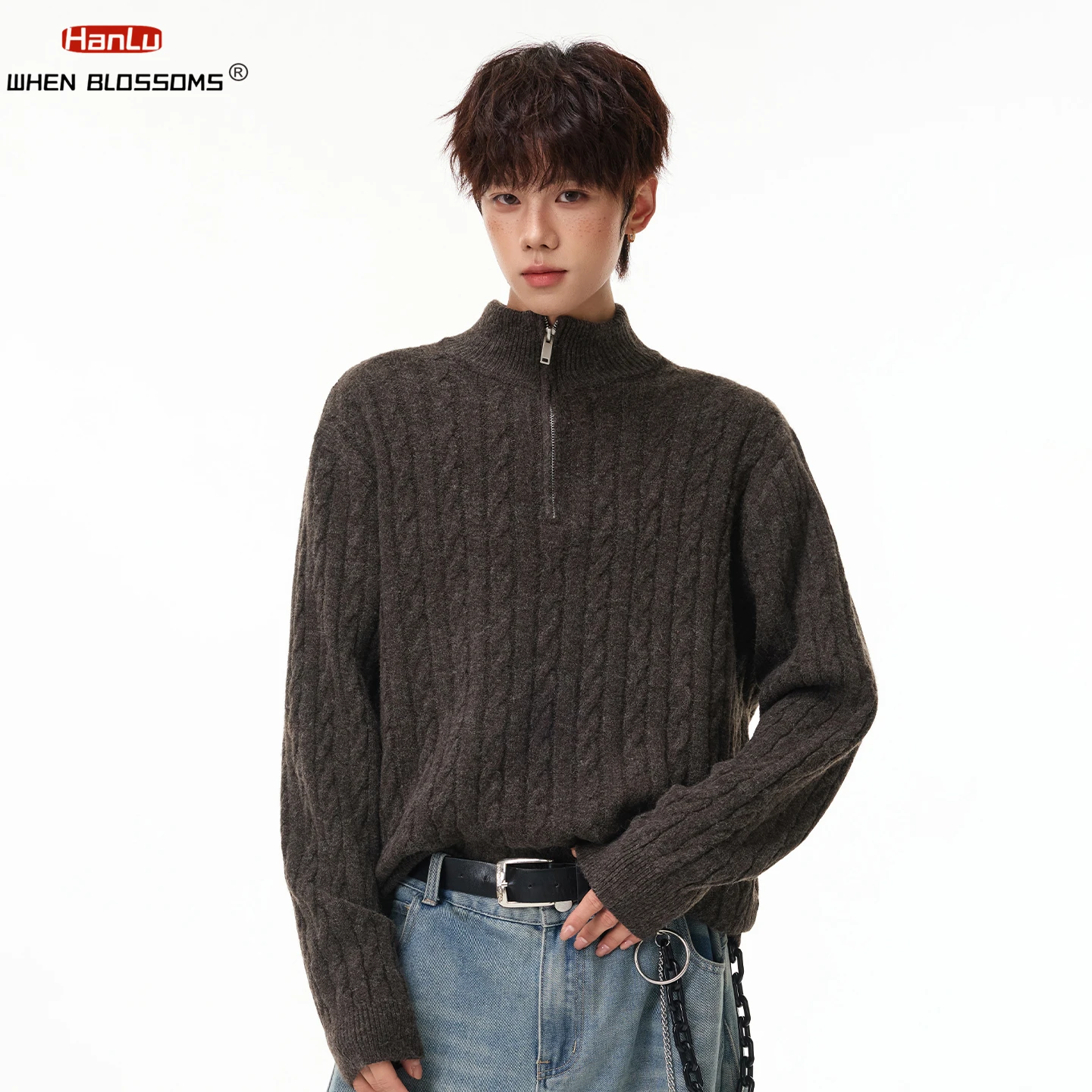Men's Japanese Vintage Half Zip Turtleneck Sweater Loose Pullover Soft Knit Casual Knitwear