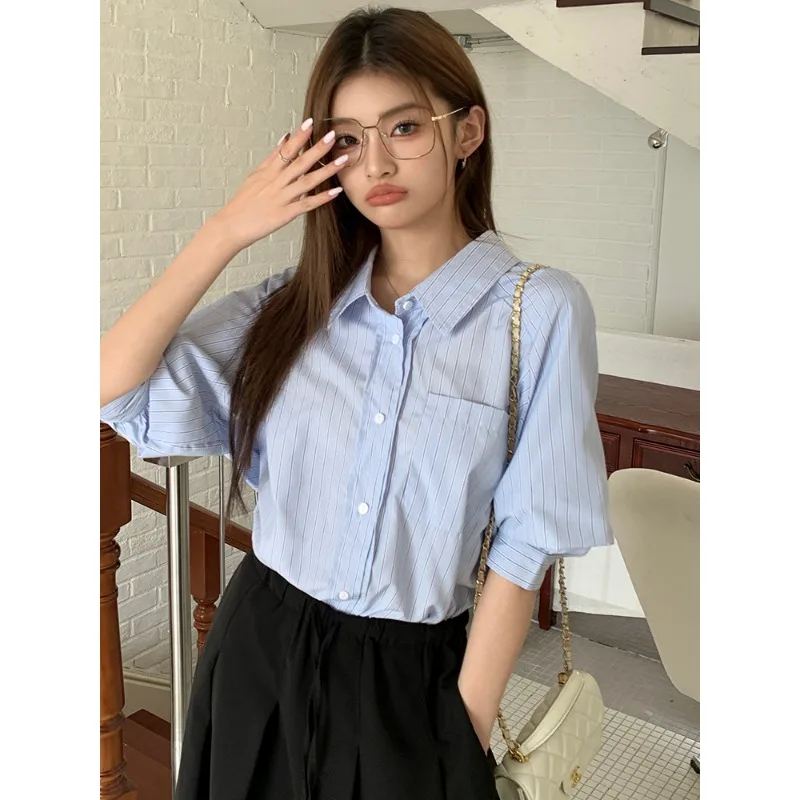 Dames College-Stijl Sweet Shirt Westerse Stijl Gestreept Casual Shirt Met Korte Mouwen, Losse En Zachte Stijl Revers Top Trendy Slank