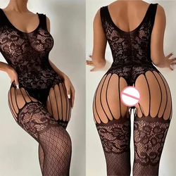 Sexy Crotchless Lingerie For Women One Piece Fishnet Hollow Hot Erotic Costumes Teddy Sleepwear Open Bra Bodysuit Porn Babydoll