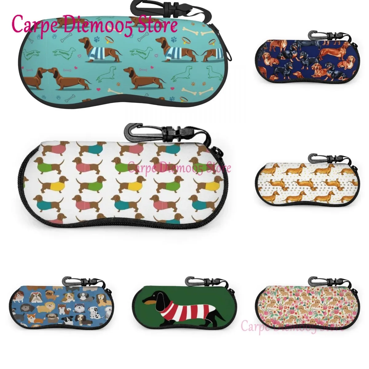 

Portable Eyewear Case Dachshund Dogs And Bones Sunglasses Soft Case Glasses Box with Lanyard Zipper Eyeglass Case