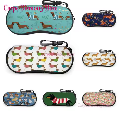 Portable Eyewear Case Dachshund Dogs And Bones Sunglasses Soft Case Glasses Box with Lanyard Zipper Eyeglass Case