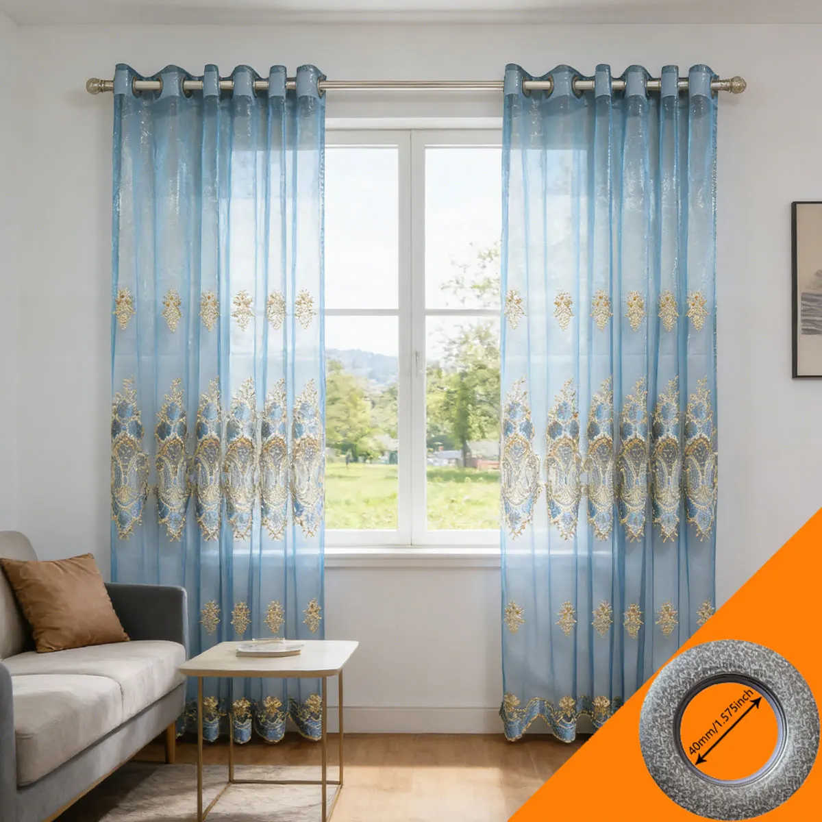 

2pcs Grommet Luxury Blue & Gold Embroidered Sheer Curtains, Transparent Voile Drapes for Living Room & Bedroom