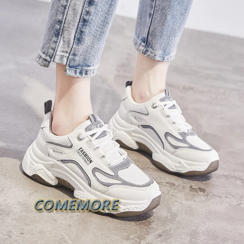 2022 Autumn Spring Summer Women\'s Breathable Mesh Sneakers with Increased Laces Feetsmall Casual Shoesthick Bottom Breathable PU