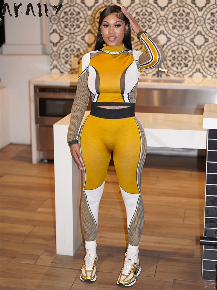 Akaily Winter Casual Sporty Women 2 Piece Tracksuit 2024 Long Sleeve Colourblock Crop Tops+Leggings Matching Streetwear Outfits