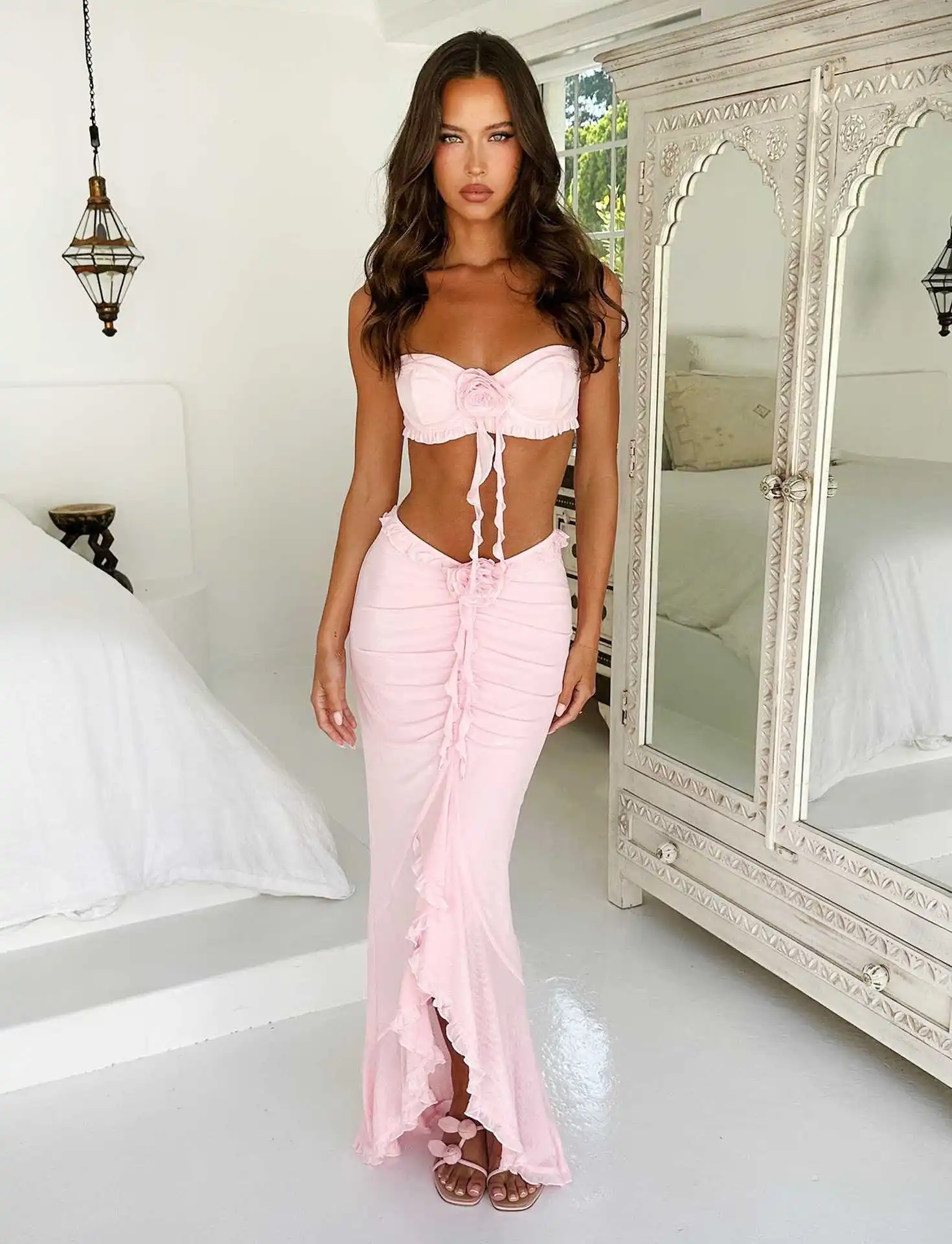 Pink Color Women Sexy Strapless Sexy 2 Pieces Mesh Long Dress Vacation Summer Beach Party Celebrate Girls\' Birthday Dress