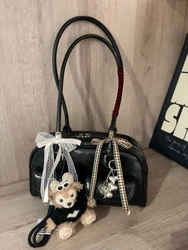 Black Bow Tie Dog Ball Bowling Bag Complete Set Ins Style Trendy Ballet Wind Handbag Accessories Leather Pouch with Charm