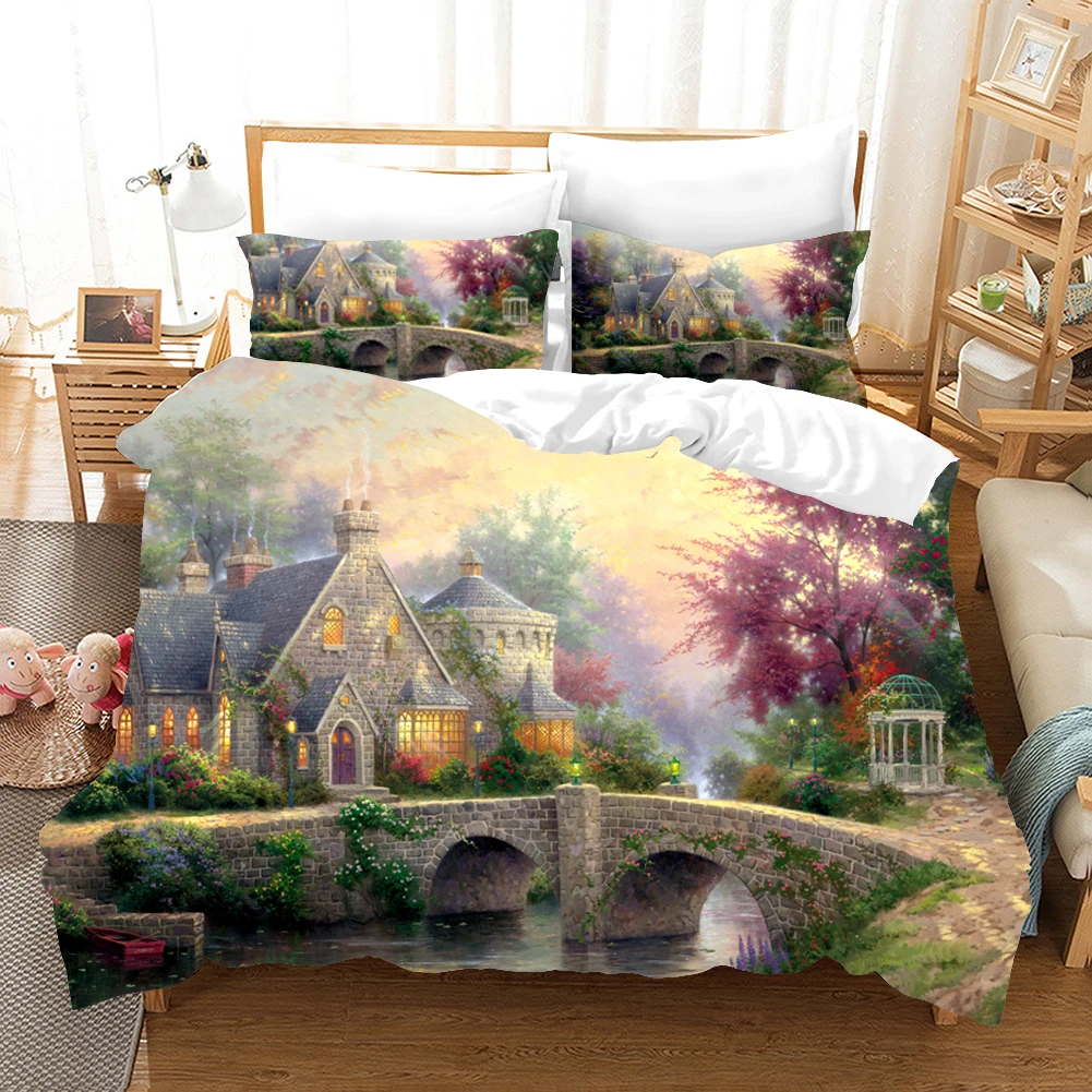 

Fantasy Oil Painting Bedding Set House Bridge Scenery Duvet Cover Set Bedroom Bed Bedclothes Decor Luxury Gift Queen King Size