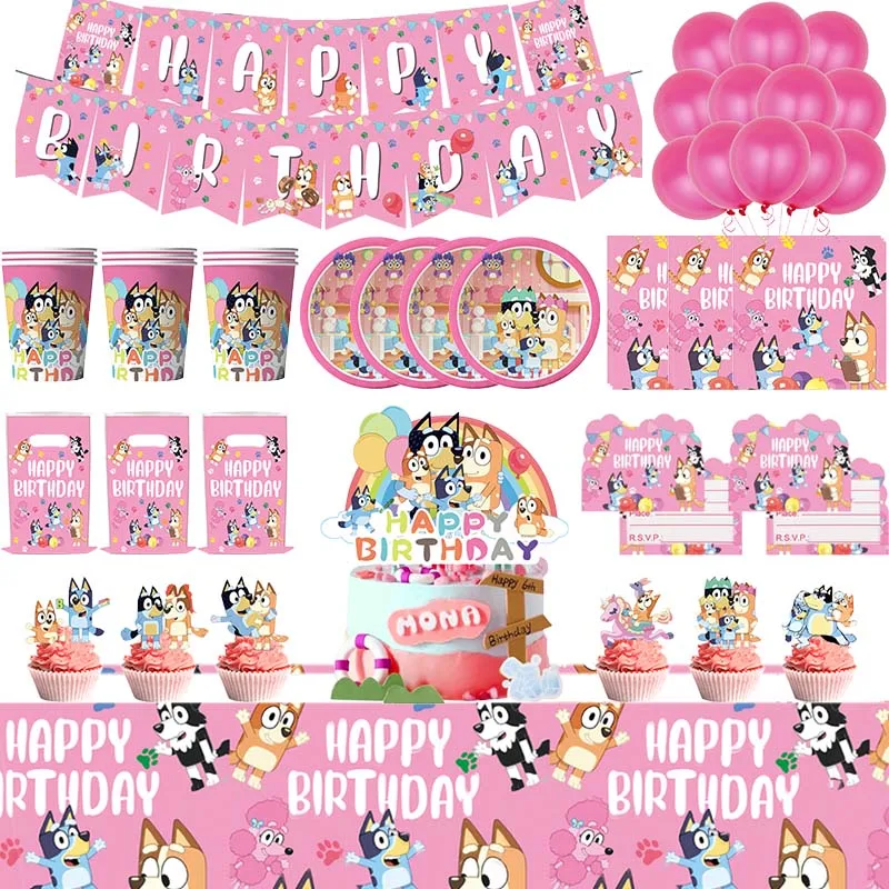 Décorations de fête d'anniversaire sur le thème Bluey, fournitures de table jetables, tasse, assiette, ballons, jouet de fête prénatale pour enfants