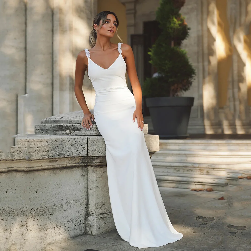 Mermaid Pearl Strap Backless Bridal Gown Simple Civil Bride Dress Button Sexy Women's Wedding Party Dress Customized