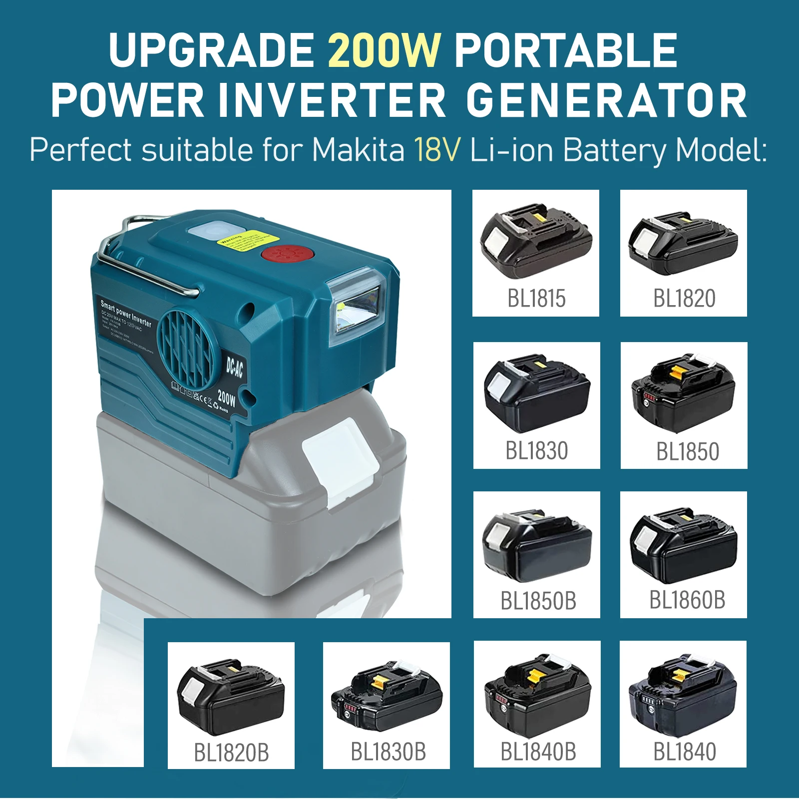 200W Portable Power Inverter 120V/220V Outdoor Mobile Lithium Battery Inverter with LED Light for Makita 18V 20V Li-ion Battery