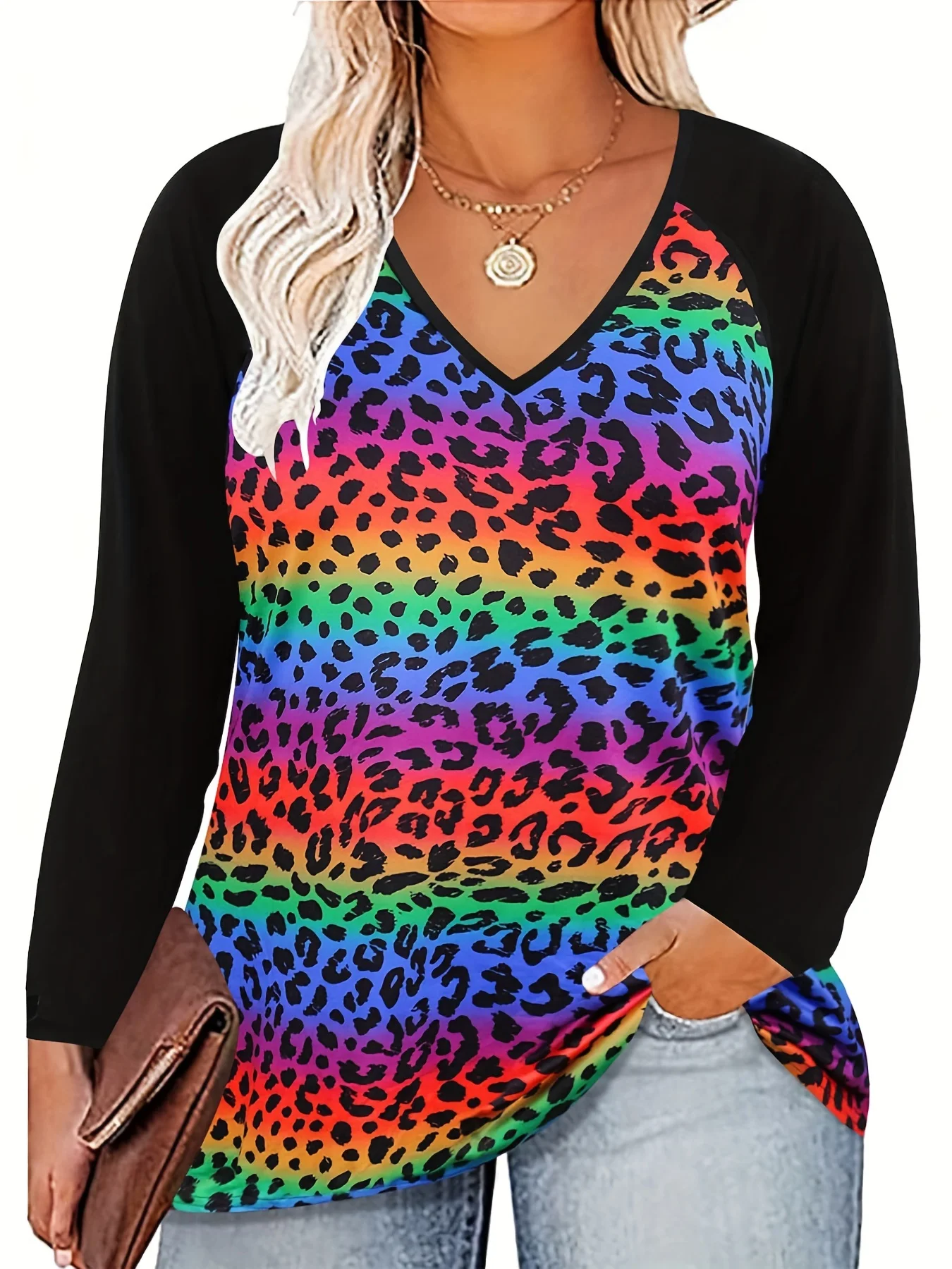 Plus Size Casual T-shirt Women\'s Plus Colorblock Leopard Print Long Sleeve V Neck Slight Stretch T-shirt