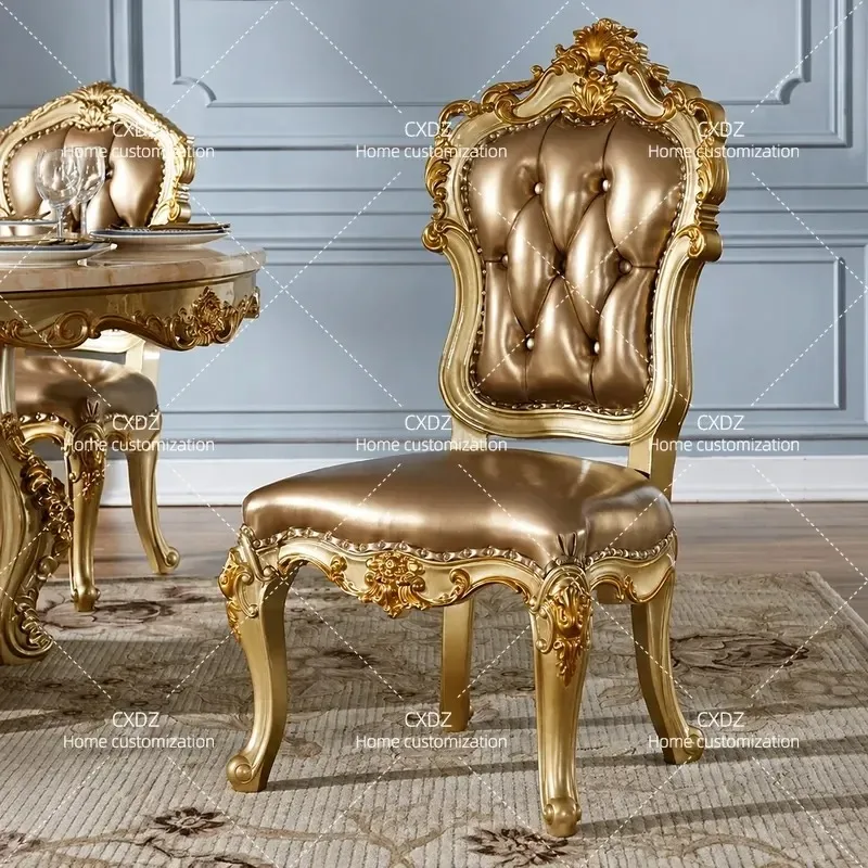 European American Style Full Solid Wood Leather Dining Chair with Champagne Gold Double Sided Engraving for Home Hotel and