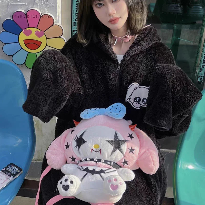 Sanrio Kuromi Melody mochila dibujada a mano para mujer, bolso de hombro divertido, Y2k, calle gótica, chica picante, felpa, Punk americano