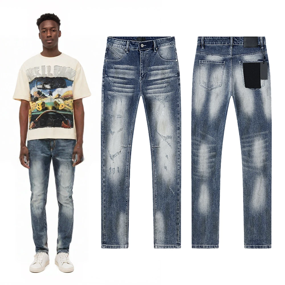 

American Streetwear Slim Fit Jeans with Distressed Ripped Hiphop Street Style Cotton Casual Vintage Skinny Straight Trousers Man