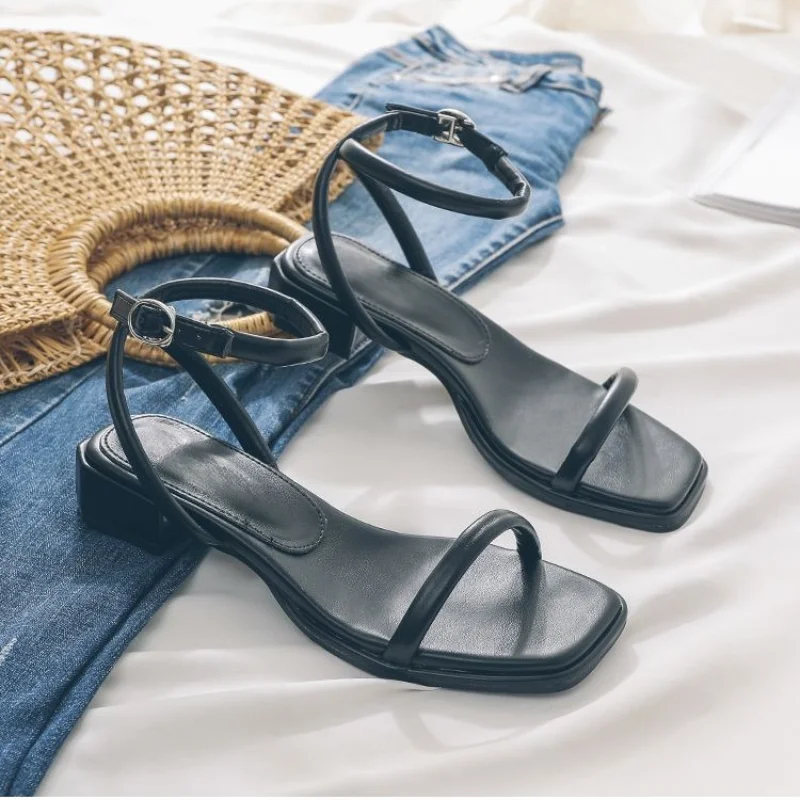 Fashion Womens Shoes 2025 Female Sandal Buckle Mid-Calf Strap Med Block Heels Luxury Peep Girls Beige Medium Chunky Sandals view 3