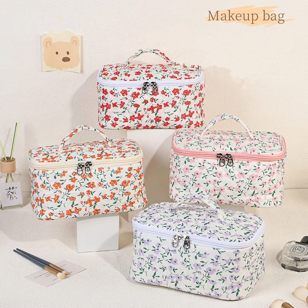 Cute Quilted Cotton Makeup Bag Women Zipper Cosmetic Organizer Female Cloth Handbag Box Shape Portable Toiletry Case For Girls