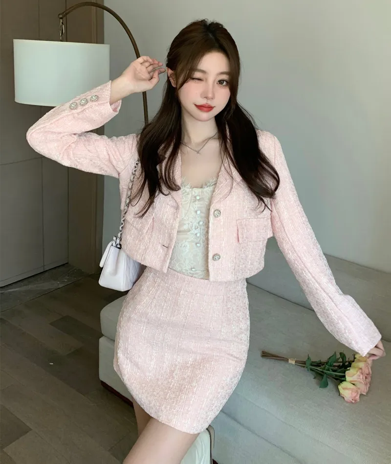 Korean Notched Tweed Jacket Pink Blazer Mini Plaid Skirt Two Piece Sets Womens Outifits 2024 Autumn Winter Clothes Suits