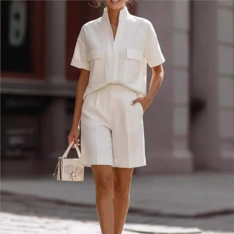

Casual Solid Women's Commute Outfits Summer Simple New 2 Piece Sets Stylish Stand Collar Pocket Short Sleeve Blazer & Shorts Set