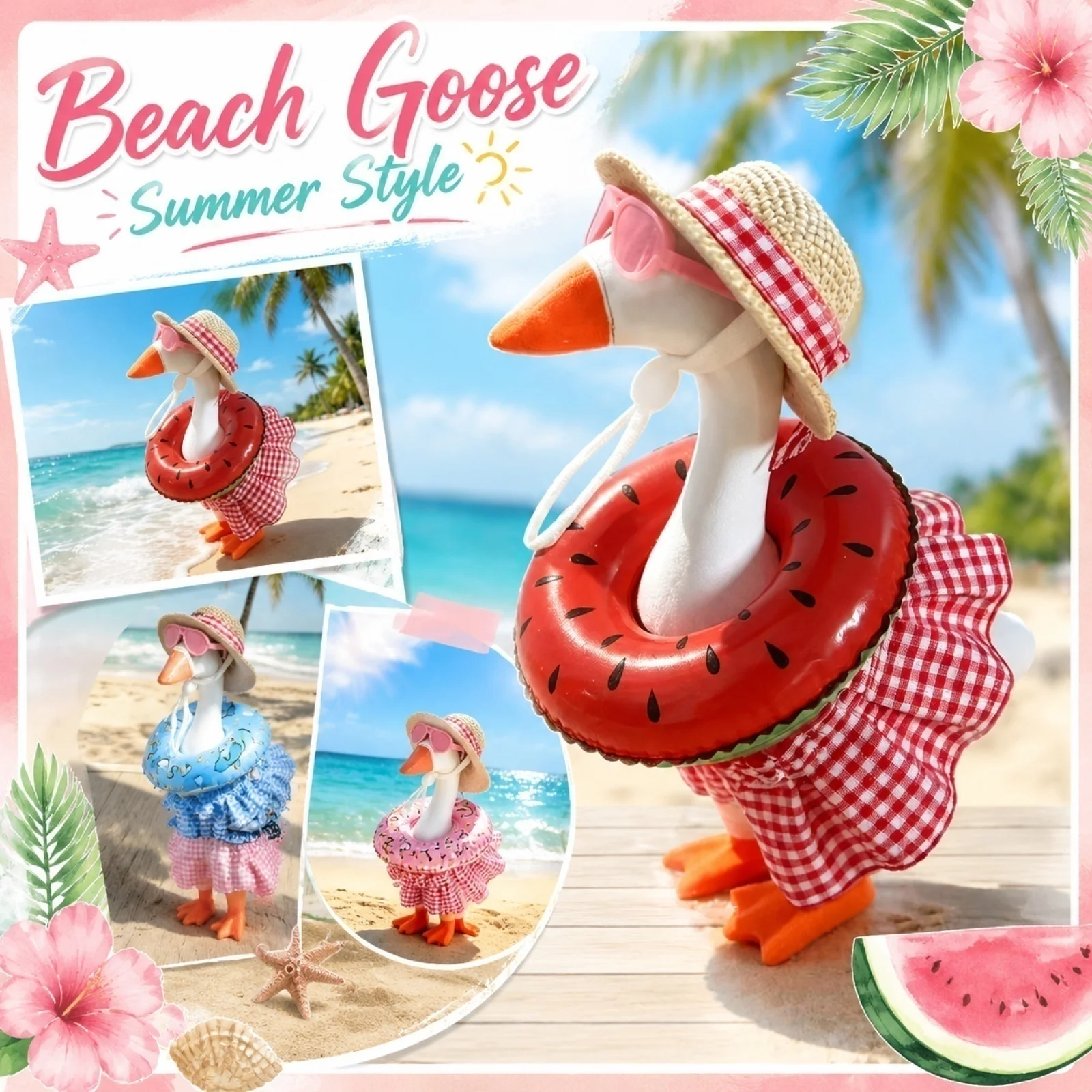 conjunto-de-biquini-de-verao-para-ganso-de-mesa-de-7-polegadas-roupas-fofas-para-ganso-de-mesa-estilo-praia-para-ganso-pequeno-chapeus-de-palha-Oculos-de-sol-boia-e-vestido