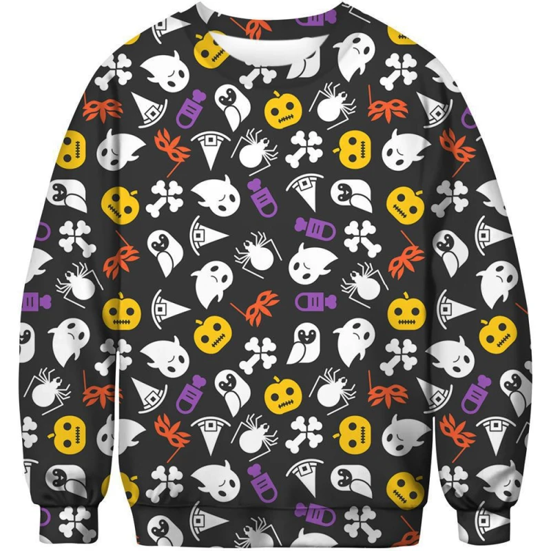 Halloween Men's Sweatshirt Round Neck Long Sleeves Pullover Hoodies  3D Printed Pumpkin Cross Ghost Pattern Street Sweatshirts