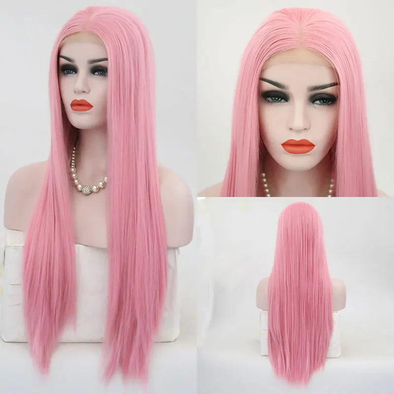 Living Pink Color Straight Synthetic Lace Front Wigs High Quality Heat Resistant Fiber Natural Hairline For Black Women Cosplay