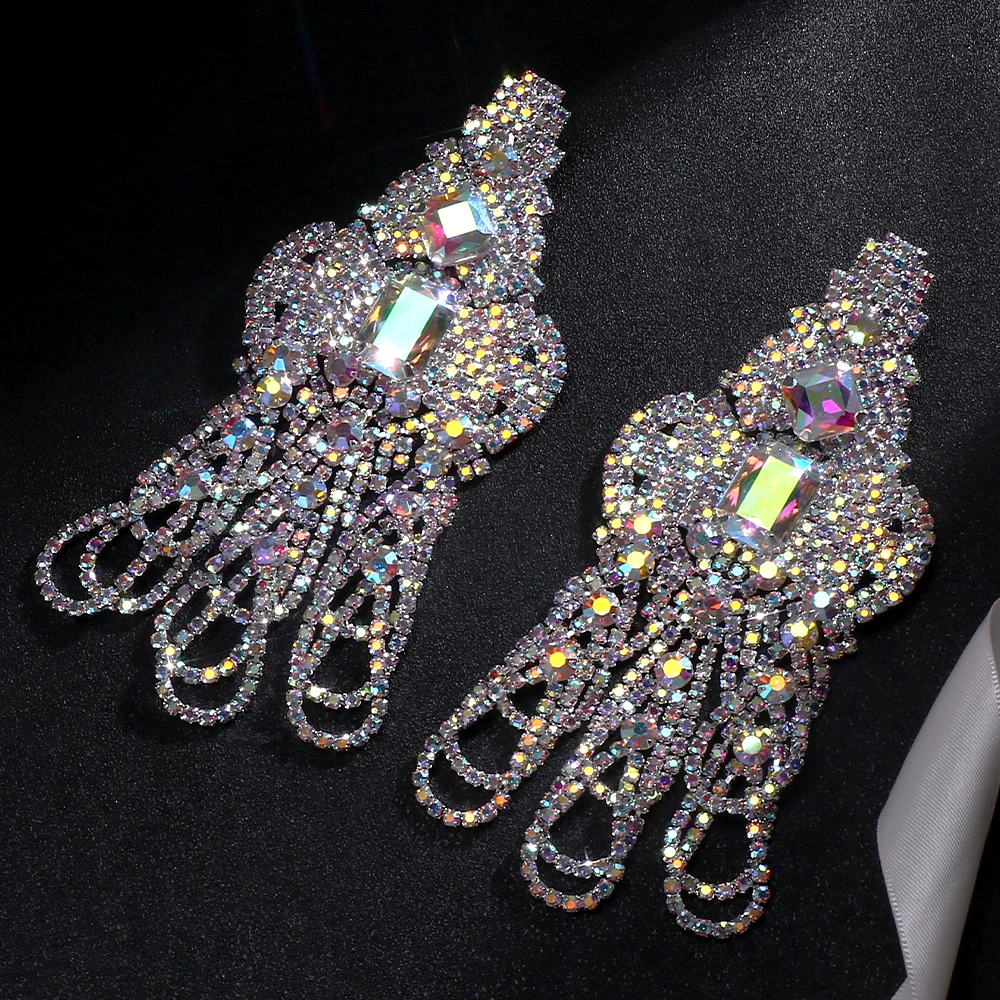 Statement Colorful Hollow Exaggerate Earrings Multilayer Prom Jewelry Elegant Large Rhinestone Dangle Earrings Christmas Gift