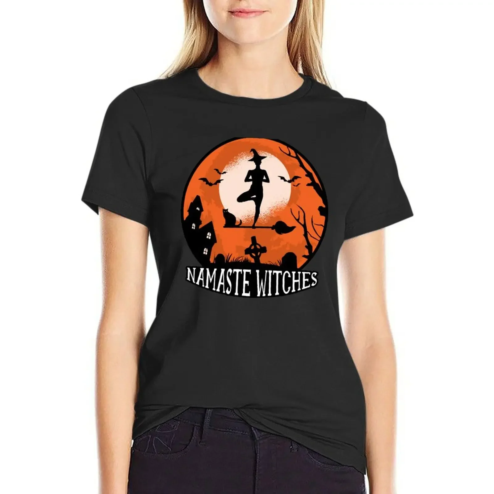 

Namaste Witches Yoga Halloween T-Shirt female animal prinfor graphics anime clothes Women clothing