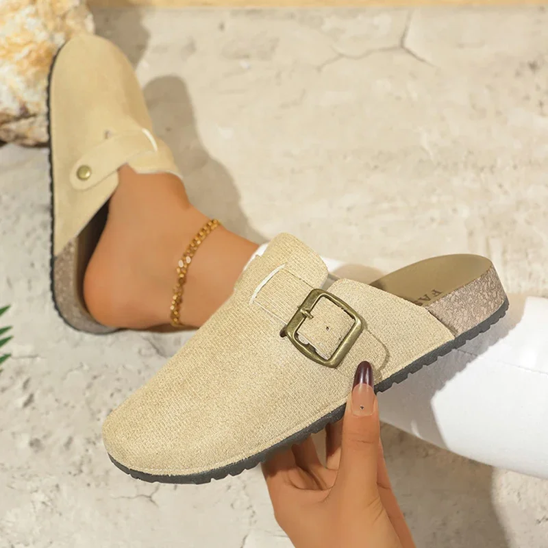 Zapatillas clásicas de gamuza sintética para mujer, zapatos Birken antideslizantes para exteriores, plantilla de corcho, zapatillas de mula con punta cerrada, primavera 2025